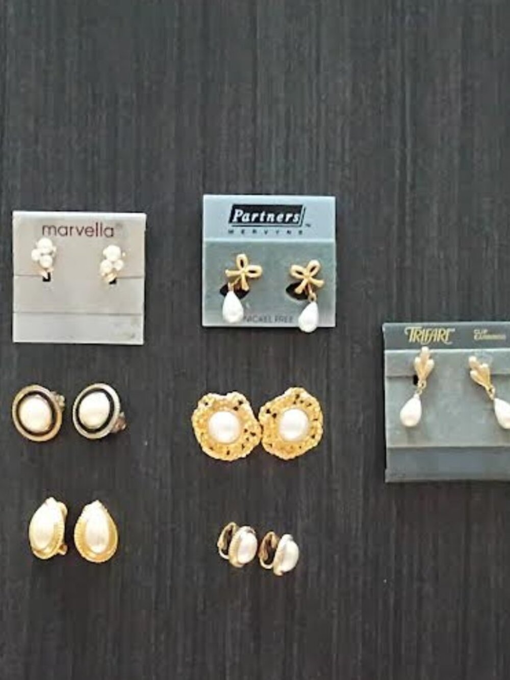 VINTAGE GOLDTONE FAUX PEARL CLIP ON EARRING LOT OF 7 TRIFARI MARVELLA PARTNERS